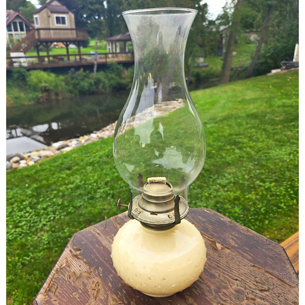 Vintage Hobnail White & Clear Glass Hurricane Oil Lamp w/ Chimney 13" Tall